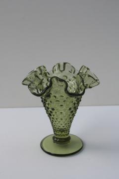 catalog photo of vintage Fenton hobnail pattern crimped trumpet vase, colonial green glass