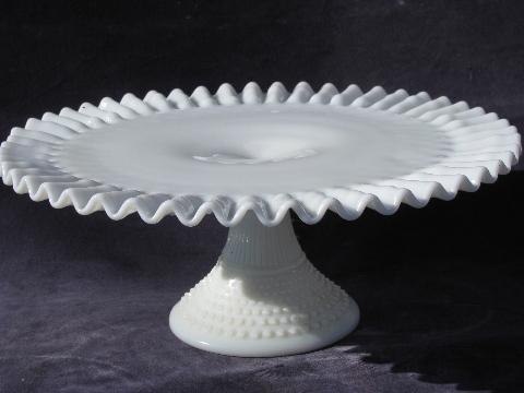 photo of vintage Fenton hobnail pattern milk glass, crimped ruffle cake plate, pedestal stand #1