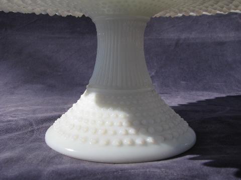 photo of vintage Fenton hobnail pattern milk glass, crimped ruffle cake plate, pedestal stand #4