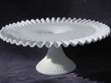 catalog photo of vintage Fenton hobnail pattern milk glass, crimped ruffle cake plate, pedestal stand