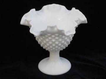 catalog photo of vintage Fenton hobnail pattern milk glass, crimped ruffle candy dish or compote