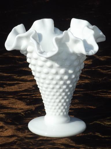 photo of vintage Fenton hobnail pattern milk glass, crimped ruffle flower vase #1