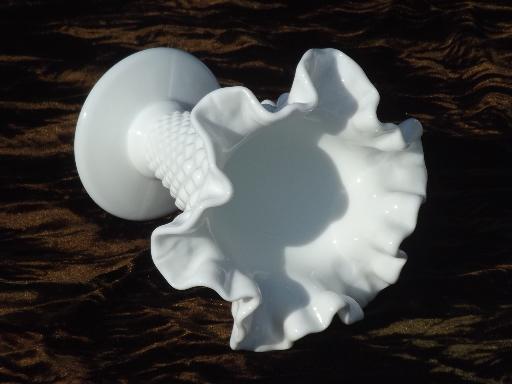 photo of vintage Fenton hobnail pattern milk glass, crimped ruffle flower vase #2