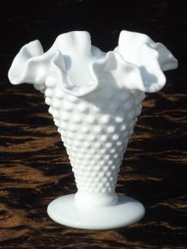 catalog photo of vintage Fenton hobnail pattern milk glass, crimped ruffle flower vase