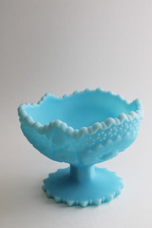 photo of vintage Fenton hobstar pattern compote bowl, blue satin frosted glass #1