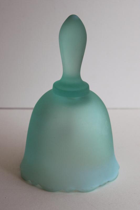 photo of vintage Fenton label bell, sea glass green opalescent mist frosted satin glass #1