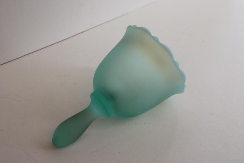 photo of vintage Fenton label bell, sea glass green opalescent mist frosted satin glass #4