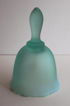 catalog photo of vintage Fenton label bell, sea glass green opalescent mist frosted satin glass