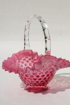 catalog photo of vintage Fenton label bride's basket, cranberry glass opalescent white hobnail