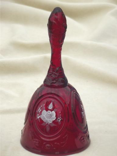 photo of vintage Fenton label ruby red glass bell, hand painted & signed #1