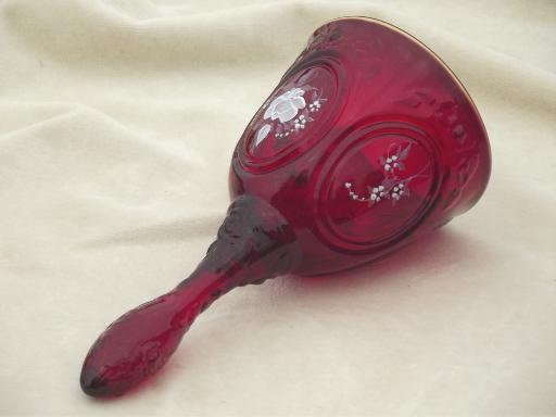 photo of vintage Fenton label ruby red glass bell, hand painted & signed #3