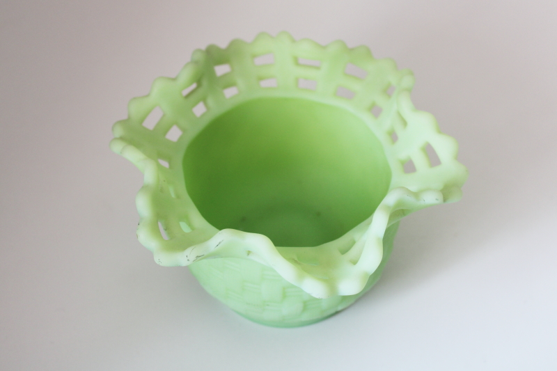 photo of vintage Fenton lime green satin glass lace edge basket weave rose bowl vase #2