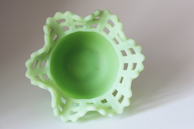 photo of vintage Fenton lime green satin glass lace edge basket weave rose bowl vase #4