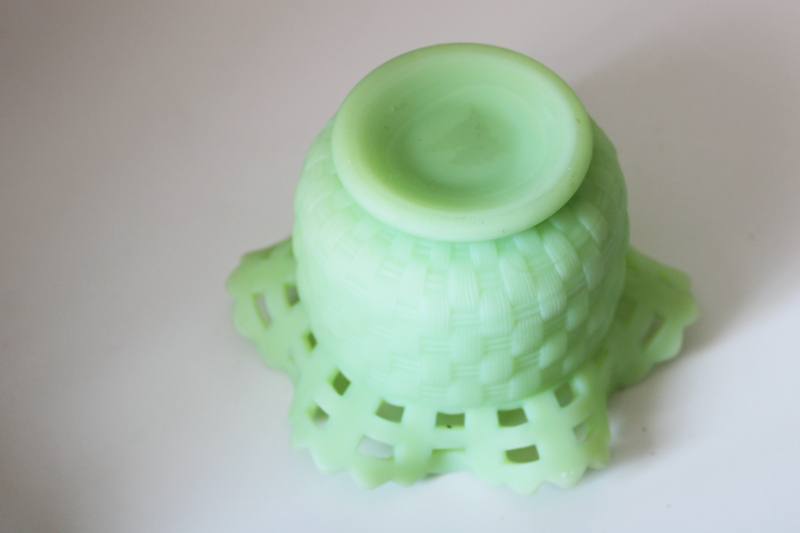 photo of vintage Fenton lime green satin glass lace edge basket weave rose bowl vase #5