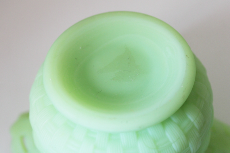 photo of vintage Fenton lime green satin glass lace edge basket weave rose bowl vase #6