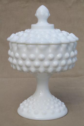 photo of vintage Fenton milk glass candy dish, hobnail pattern milk glass compote & lid #1