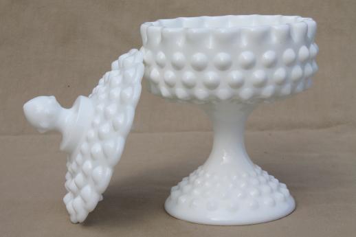 photo of vintage Fenton milk glass candy dish, hobnail pattern milk glass compote & lid #2