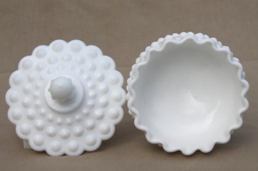 photo of vintage Fenton milk glass candy dish, hobnail pattern milk glass compote & lid #3