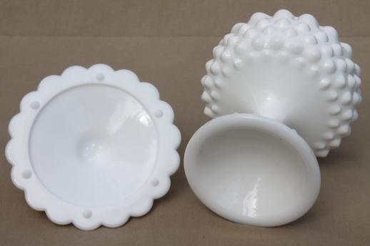 photo of vintage Fenton milk glass candy dish, hobnail pattern milk glass compote & lid #4