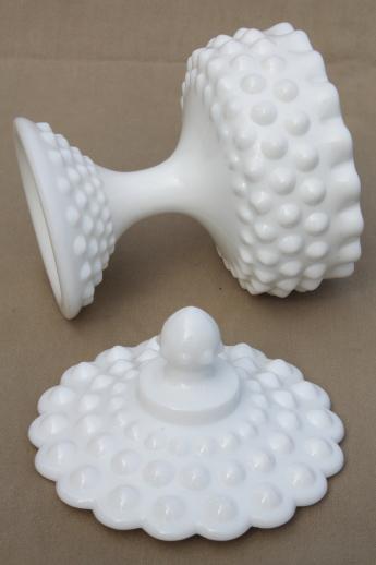 photo of vintage Fenton milk glass candy dish, hobnail pattern milk glass compote & lid #5