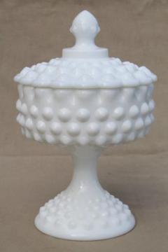 catalog photo of vintage Fenton milk glass candy dish, hobnail pattern milk glass compote & lid