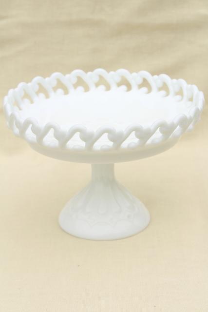 photo of vintage Fenton milk glass compote bowl, lacy edge open lace pedestal candy dish #1