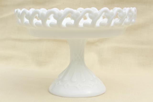 photo of vintage Fenton milk glass compote bowl, lacy edge open lace pedestal candy dish #3