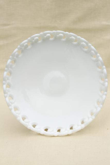 photo of vintage Fenton milk glass compote bowl, lacy edge open lace pedestal candy dish #5