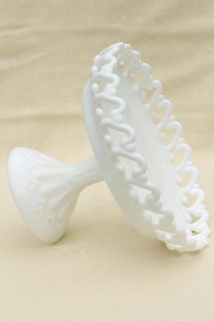 photo of vintage Fenton milk glass compote bowl, lacy edge open lace pedestal candy dish #6