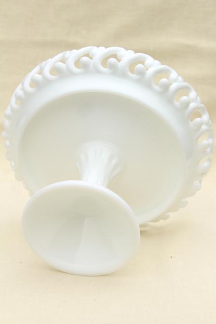 photo of vintage Fenton milk glass compote bowl, lacy edge open lace pedestal candy dish #7