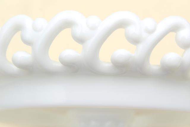 photo of vintage Fenton milk glass compote bowl, lacy edge open lace pedestal candy dish #10