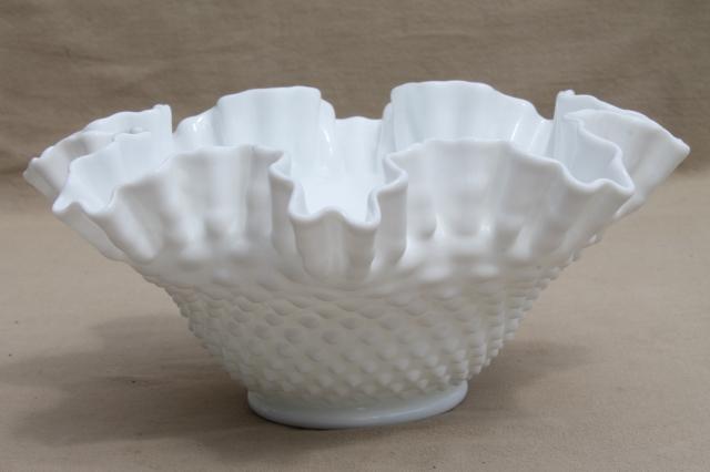 photo of vintage Fenton milk glass crimped hobnail pattern bowl, large flower vase centerpiece #2