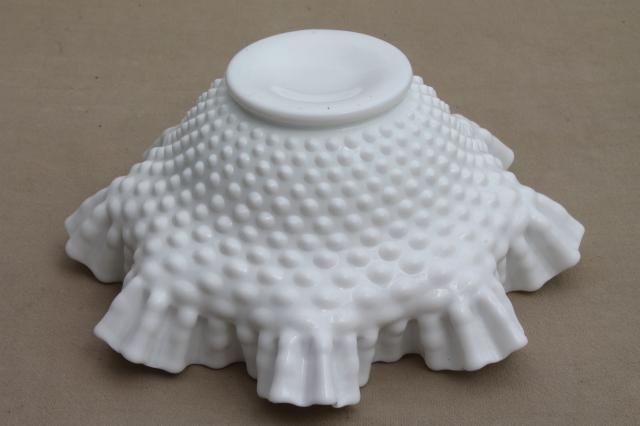 photo of vintage Fenton milk glass crimped hobnail pattern bowl, large flower vase centerpiece #4