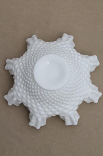 photo of vintage Fenton milk glass crimped hobnail pattern bowl, large flower vase centerpiece #5