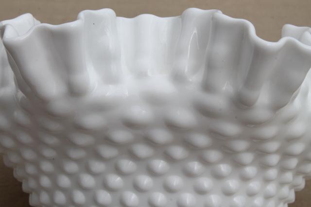 photo of vintage Fenton milk glass crimped hobnail pattern bowl, large flower vase centerpiece #6