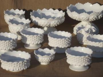 catalog photo of vintage Fenton milk glass hobnail candle holders, flower bowls & compotes