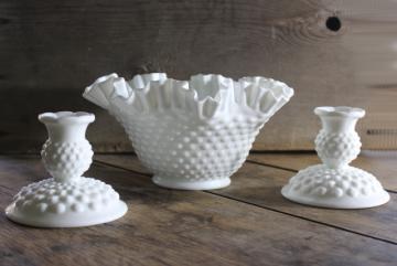 catalog photo of vintage Fenton milk glass, hobnail pattern candlesticks & flower bowl vase