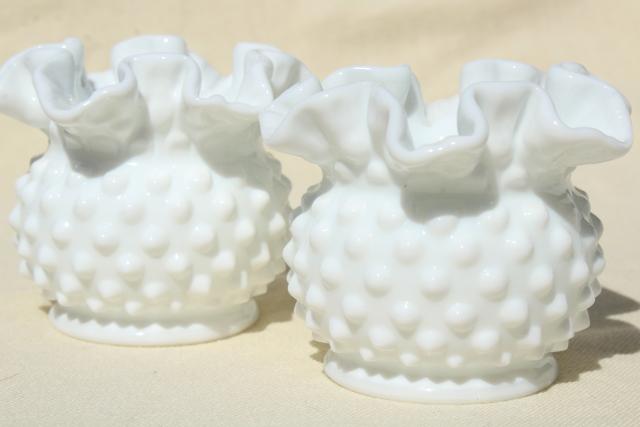 photo of vintage Fenton milk glass, hobnail pattern glass violet vase set, mini flower vases #1