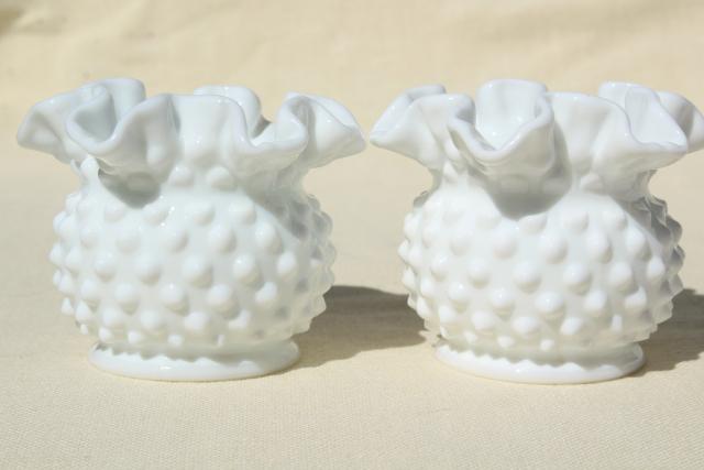 photo of vintage Fenton milk glass, hobnail pattern glass violet vase set, mini flower vases #2