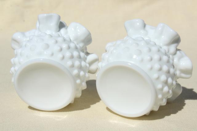 photo of vintage Fenton milk glass, hobnail pattern glass violet vase set, mini flower vases #6