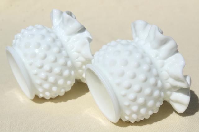 photo of vintage Fenton milk glass, hobnail pattern glass violet vase set, mini flower vases #7