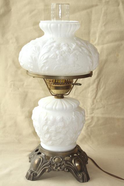 photo of vintage Fenton milk glass lamp, poppy floral student lamp GWTW chimney shade #1