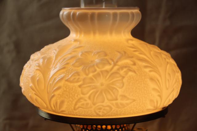 photo of vintage Fenton milk glass lamp, poppy floral student lamp GWTW chimney shade #3