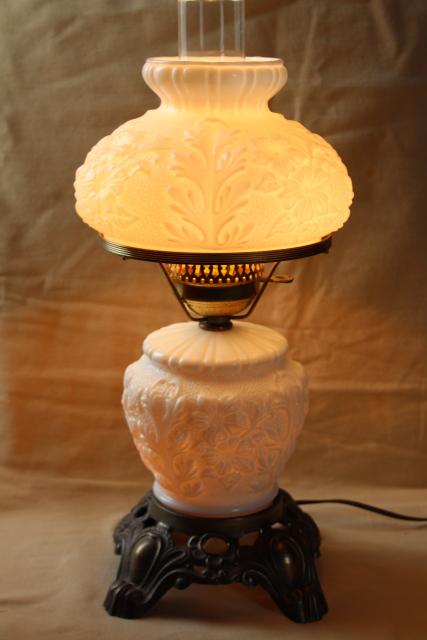 photo of vintage Fenton milk glass lamp, poppy floral student lamp GWTW chimney shade #6