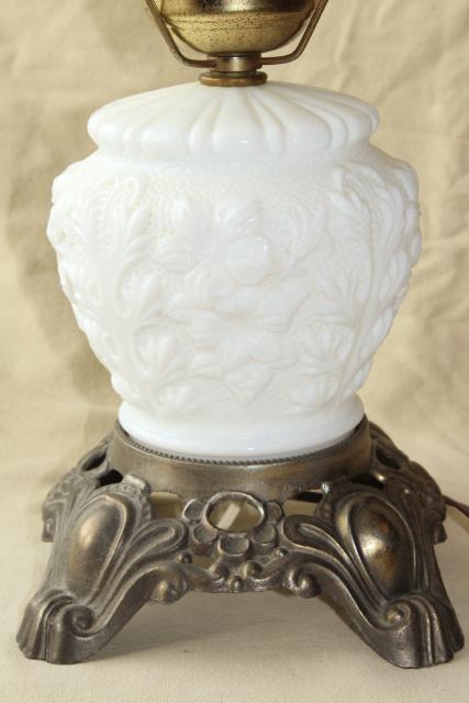 photo of vintage Fenton milk glass lamp, poppy floral student lamp GWTW chimney shade #7
