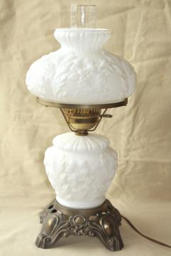 catalog photo of vintage Fenton milk glass lamp, poppy floral student lamp GWTW chimney shade