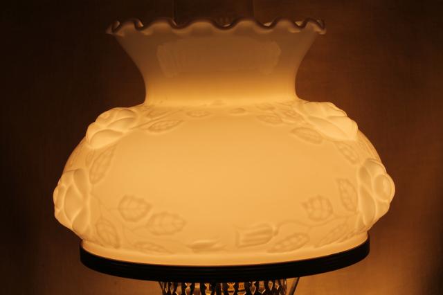 photo of vintage Fenton milk glass lamp, puffy rose w/ roses lampshade & lighted base #2