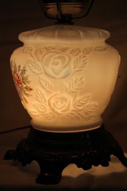photo of vintage Fenton milk glass lamp, puffy rose w/ roses lampshade & lighted base #9