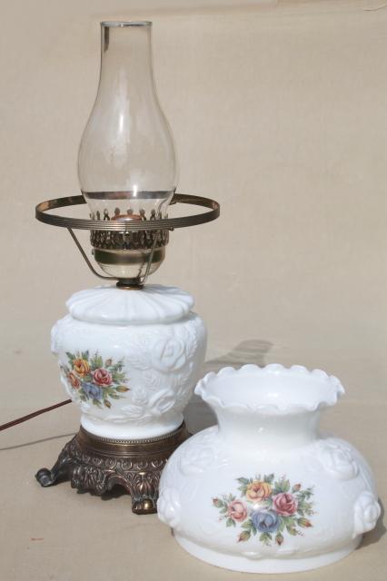 photo of vintage Fenton milk glass lamp, puffy rose w/ roses lampshade & lighted base #11