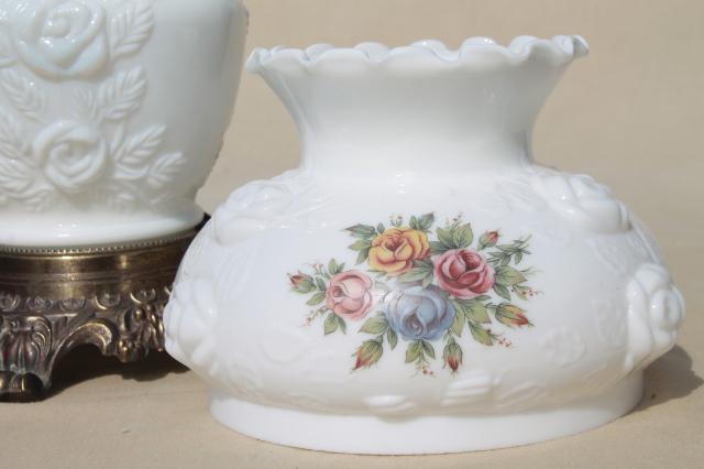 photo of vintage Fenton milk glass lamp, puffy rose w/ roses lampshade & lighted base #12